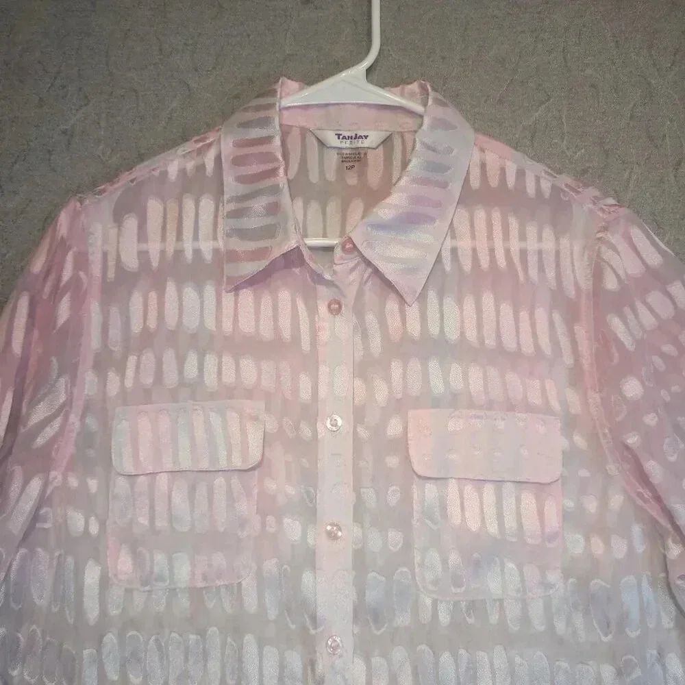 Tan Jay Women's Petite Pink Sheer Long  Sleeve Button Down Blouse Size 12P - Picture 2 of 10